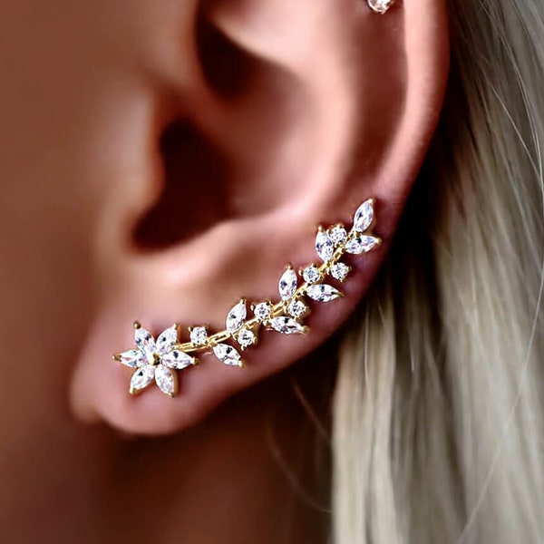 Ear Climber, flower earrings, GIFT FOR HER, rose gold silver earrings, bridal earrings