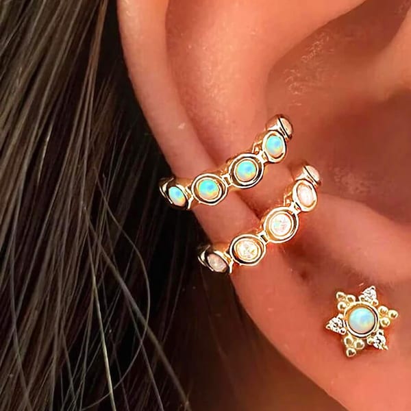 Opal Ear Cuff No Piercing • Blue Opal Ear Cuff Earrings Silver Gold • C1234