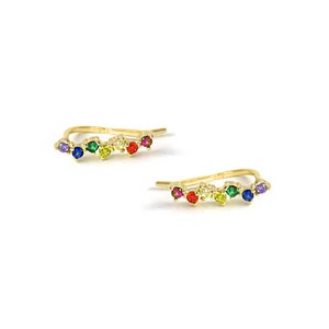 Tiny Rainbow Earrings, Rainbow Ear Climber Earrings, gift for her, pride gift Gold