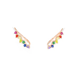 Tiny Rainbow Earrings, Rainbow Ear Climber Earrings, gift for her, pride gift Rose gold