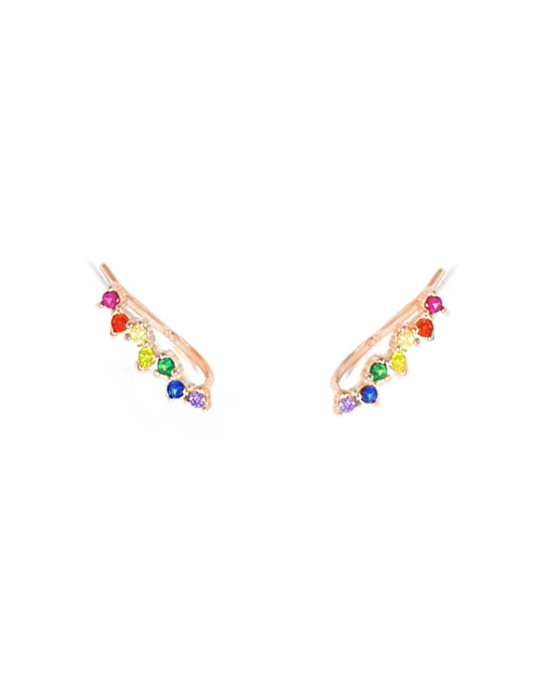 Tiny Rainbow Earrings, Rainbow Ear Climber Earrings, gift for her, pride gift Rose gold