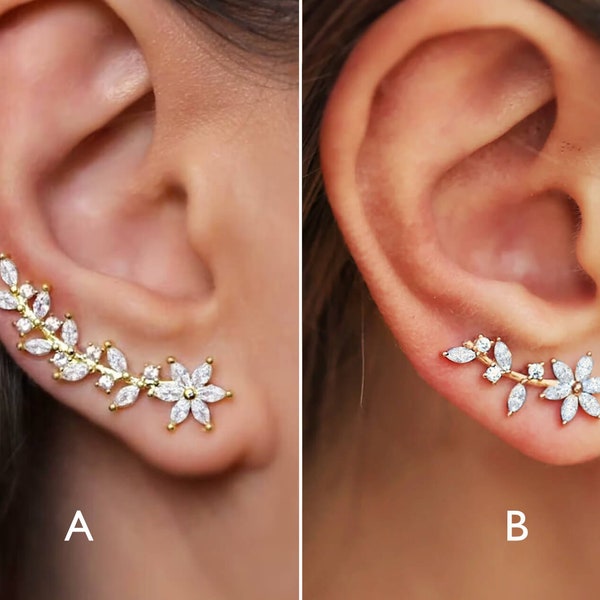 EAR CLIMBER EARRINGS - Silver leaf earrings gold - bridal earrings - gifts for her - gold earrings silver - *C7443