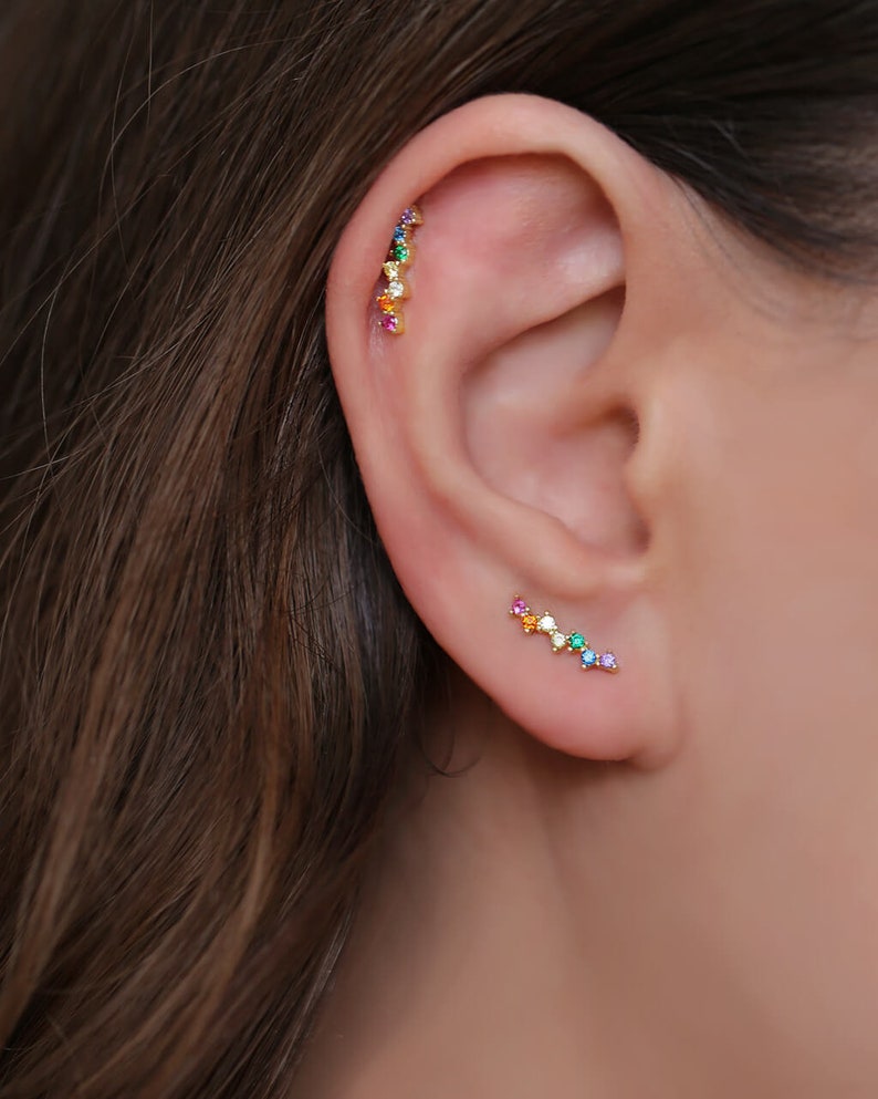 Tiny Rainbow Earrings, Rainbow Ear Climber Earrings, gift for her, pride gift image 3