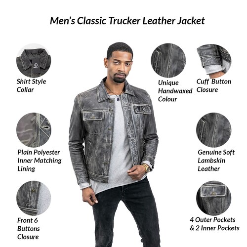 Handmade shops Men's Classic Trucker Leather Jacket Vintage Distressed Grey Western Leather Shacket Cowboy Leather Shirt For Men Denim Style Coat