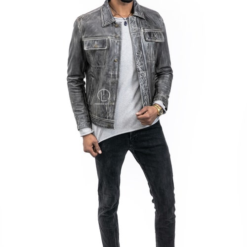 Handmade shops Men's Classic Trucker Leather Jacket Vintage Distressed Grey Western Leather Shacket Cowboy Leather Shirt For Men Denim Style Coat