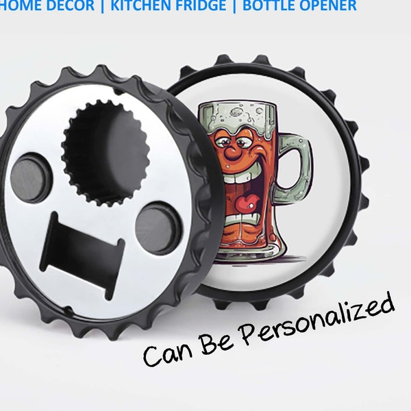 Custom Cartoon Beer Cap Fridge Magnet Bottle Opener | DIY Unique Midjourney Prompt Designs, Photos or Company Logos | Two Styles Available
