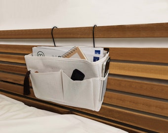 Bedside Caddy Storage,  Convenient Organizer, Canvas Storage Bag with Metal Hook, Multi-purposes Storage for books, Remote Controllers, etc.