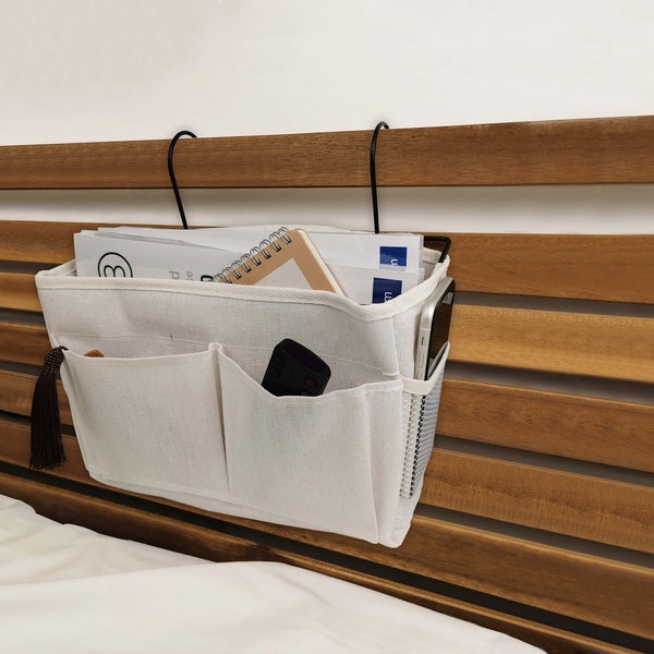 Bedside Caddy Storage,  Convenient Organizer, Canvas Storage Bag with Metal Hook, Multi-purposes Storage for books, Remote Controllers, etc.
