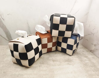 Square PU Material Tabletop Tissue Box Holder with Two-Color Woven Check Pattern, 12cm x 12cm x 12cm, No-sew Design