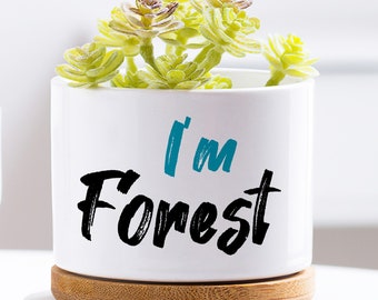 Tiny Ceramic Flower Pot with a Wooden Base  | 'Im Forest' Planter, best gift for students,  working space