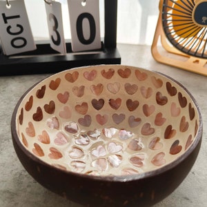 Lovely Hearts | Handmade Coconut Bowl with Shiny Interior, Great Key Holder and Stylish Jewelry Holder, Trinket Bowl, Natural Coconut