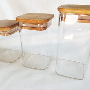 Bamboo Lid Glass Jars, 3 Sizes to Choose From, Square Glass Container, Food Storage Conister, Multipurpose Container