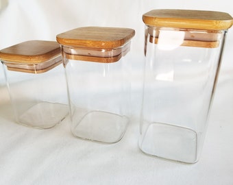 Bamboo Lid Glass Jars, 3 Sizes to Choose From, Square Glass Container, Food Storage Conister, Multipurpose Container