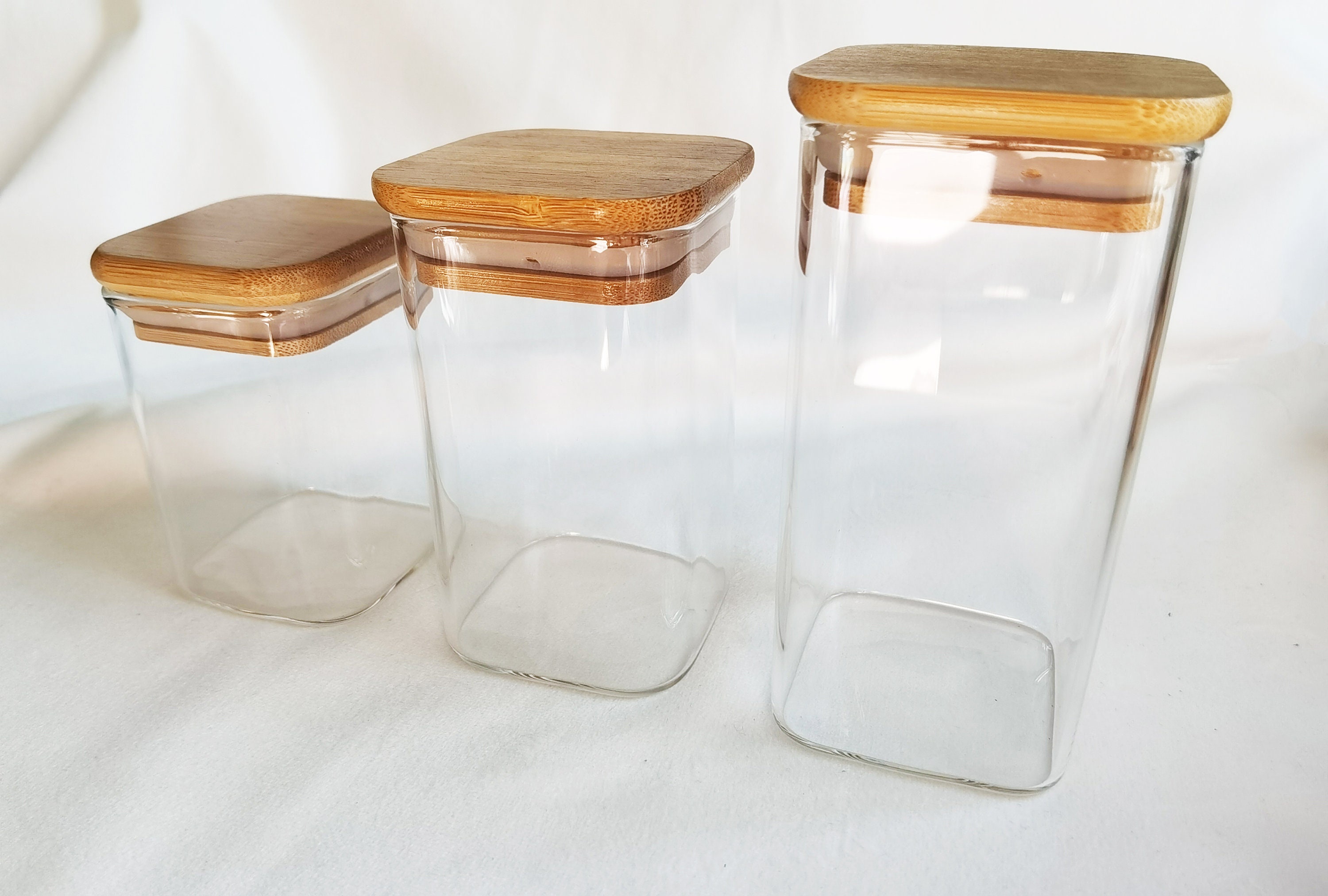 Bamboo Glass Cylinder Storage Jars Wooden Small Box Containers