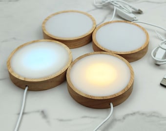 10 cm Runde LED-USB-Lichtbasis aus Holz, Kalt- / Warmlichtkomponente für Dekorationen oder als Nachtlicht, USB-betriebener Lichtständer