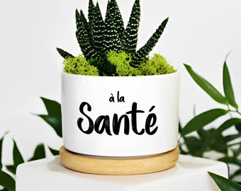 Tiny Ceramic Flower Pot with a Wooden Base  | 'à ta santé' Planter, best gift for students,  working space