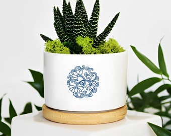 Mini Ceramic Flower Pot with a Wooden Base  | Blue and White Design Porcelain Planter, best gift for birthday, ceremony