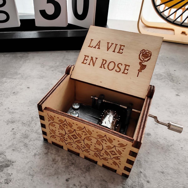 Handcrafted Wooden Music Box with Movie and Game Music Options - La Vie En Rose