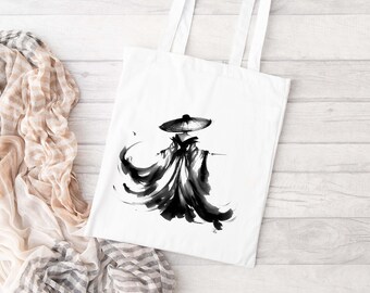 Ink Dance - Abstract Sumi-e Style Woman with Umbrella Canvas Tote Bag - Eco-Friendly Carryall Bag