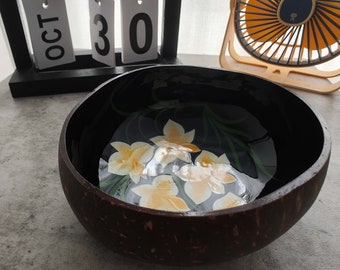 Yellow Flowers | Handmade Coconut Bowl with Shiny Interior, Great Key Holder and Stylish Jewelry Holder, Trinket Bowl, Natural Coconut