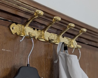 Brass Wall Mounted Hook Rack – 4 Hooks for Coats, Hats, Towels, Unlacquered Finish