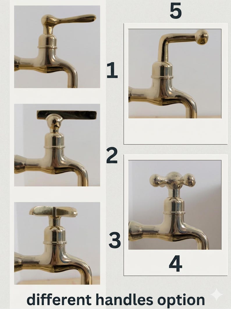 Puede incluir: Una colecci&oacute;n de cinco grifos de lat&oacute;n con diferentes dise&ntilde;os de manijas, numerados del 1 al 5. Los grifos presentan acabados de metal dorado pulido y ca&ntilde;os curvos. El texto "different handles option" est&aacute; impreso en la parte inferior.