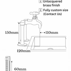 May include: Technical specification sheet for a faucet. The faucet is shown in a line drawing with dimensions. The faucet is 150mm high, 110mm wide, and the base is 120mm. The sheet also shows a bolt that is 60mm long and 20mm wide. The faucet has an unlacquered brass finish.