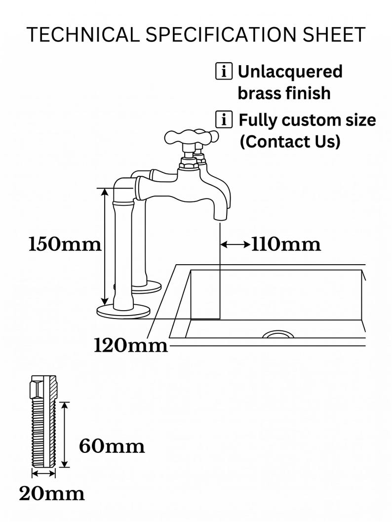 May include: Technical specification sheet for a faucet. The faucet is shown in a line drawing with dimensions. The faucet is 150mm high, 110mm wide, and the base is 120mm. The sheet also shows a bolt that is 60mm long and 20mm wide. The faucet has an unlacquered brass finish.