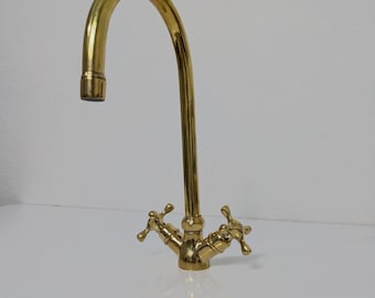 Unlacquered Brass Gooseneck Bathroom Faucet: Antique Cross Handle Sink Tap