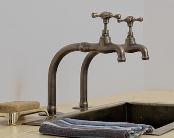 Handmade Brushed Brass Pillar Sink Taps, Antique Bib Faucets, Customizable Size.