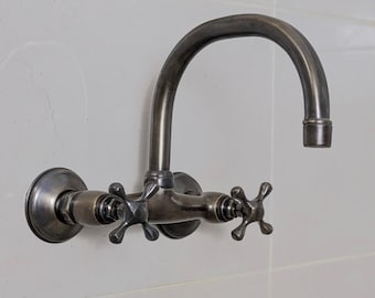 Wall Mount Kitchen Faucet – Brushed Brass Basin Mixer with Rotating Spout