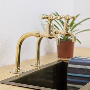 May include: Two polished brass faucets with cross handles are mounted on a light wood surface above a dark sink. A small potted plant and a striped towel are in the background. The faucets have curved spouts.