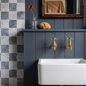 May include: A bathroom scene featuring a white porcelain sink with brass faucets against a dark blue wall. A shelf holds a glass vase with a red flower and a natural sponge. The wall has vertical paneling, and a mirror hangs above.