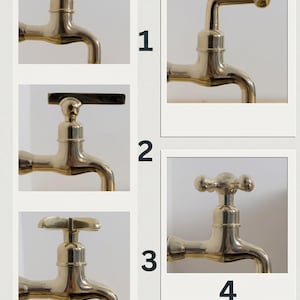 May include: A collage of five brass faucet designs, each with a unique handle style. The faucets are displayed against a neutral background. The text "different handles option" is at the bottom of the image.