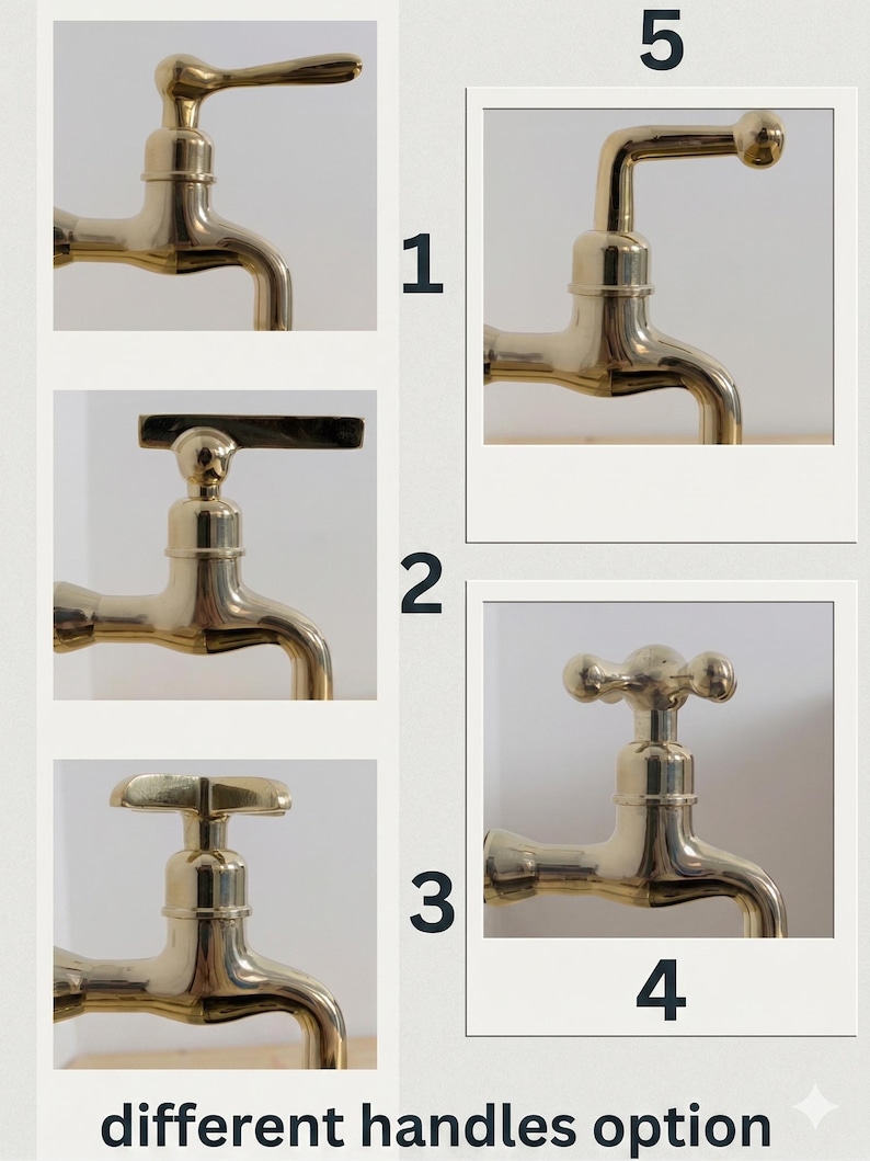 May include: A collage of five brass faucet designs, each with a unique handle style. The faucets are displayed against a neutral background. The text "different handles option" is at the bottom of the image.