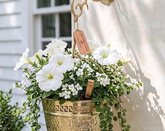 Unlacquered Brass Hanging Planter - Ornate Wall Mount Hook with Etched Brass Pot - Indoor Garden