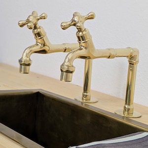 Unlaquered brass kitchen faucets, Hot and Cold Sink Taps, Countertop Kitchen Faucet.