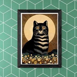 Impresión de gatos y flores, arte de pared peculiar, póster de gatos de jardín, arte de pared floral, regalo para amantes de los gatos, arte de pared de decoración del hogar