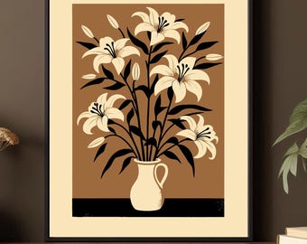 Lámina artística de lirios: Lirios blancos en una jarra de leche, decoración floral colorida para pared.