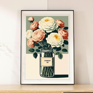 Rosen und Marmeladenglas Wildblumendruck, Kunstdrucke, schrullige Gärtnerwanddekoration, flippige Blumenillustration, lebendiges Geschenk, verschiedene Größen