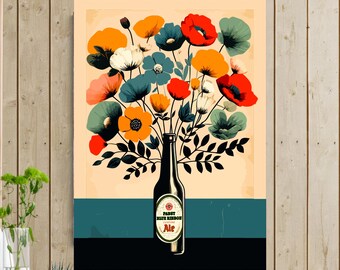Impresión de botella de cerveza con flores silvestres: Arte botánico de cocina