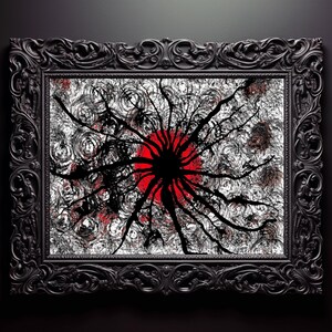 May include: A black and white abstract painting with a red circle in the center. The circle is surrounded by black lines that radiate outwards. The painting is framed in a black ornate frame.