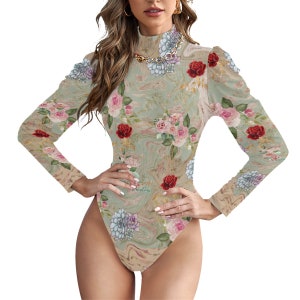 Floral Print Women&#39;s Turtleneck Bodysuit With Puff Sleeve and Cheeky Bottom