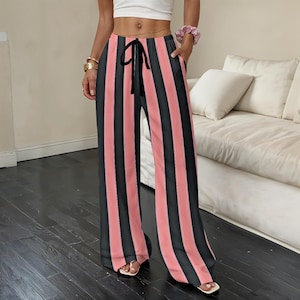Women’s Pants With Pockets Casual Relaxed Fit, In Pink And Black Striped, Polazzo Style With Adjustable Drawstring For Comfort, XS - 4XL