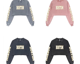 Felpa corta del Boston College con effetto vintage invecchiato / Pullover per le partite del BC con stampa BOSTON sulla manica