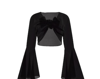 Black Sheer Women's Blouse crop top with bell sleeves