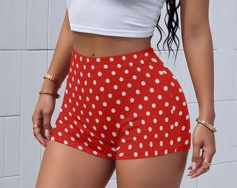 Pantaloncini da donna elasticizzati rossi a pois bianchi, ideali per comfort e prestazioni ottimali. Perfetti per yoga, tai chi e camminata.