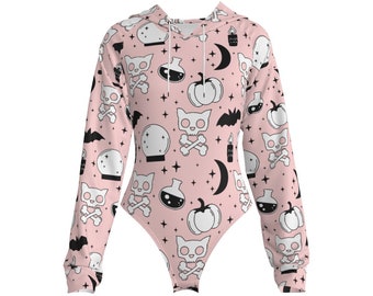 Halloween Witchy Pink //All-Over Print Women's Raglan Sleeve Hooded Bodysuit