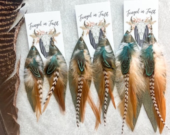 Feather Earrings, Turquoise, Western, Statement Jewelry, olive, feather, leather
