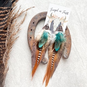 Fringed Leather Feather Earrings: Turquoise Western Statement Jewelry